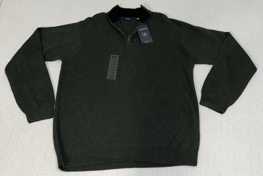 IZOD Sweater Mens XL Green Quarter Zip Fleece Pullover Comfort+ Performance NEW
